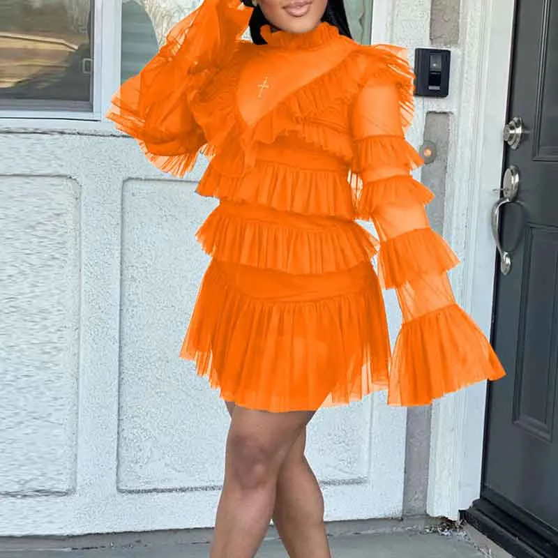 Solid Long Sleeve Ruffle Design Sheer Mesh 2PCS Dress Set