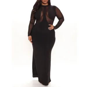 Solid Long Sleeve Sheer Mesh Patchwork Maxi Dress