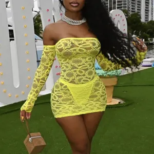 Solid Off Shoulder Long Sleeve Sheer Mesh 2PCS Dress Set