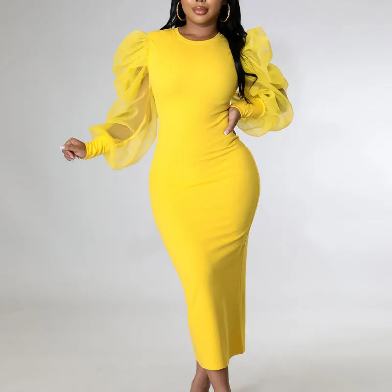 Solid Puff Sleeve Sheer Mesh Patchwork Midi Dress