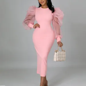 Solid Puff Sleeve Sheer Mesh Patchwork Midi Dress