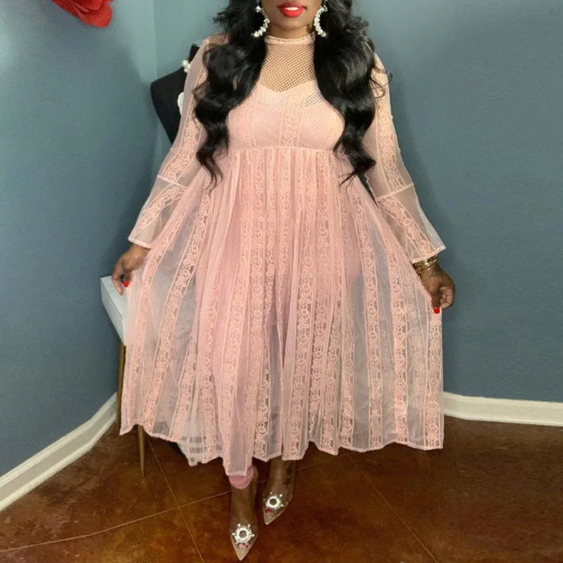 Solid Round Neck Long Sleeve Lace Sheer Mesh Dress