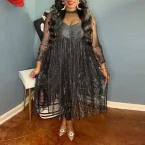 Solid Round Neck Long Sleeve Lace Sheer Mesh Dress
