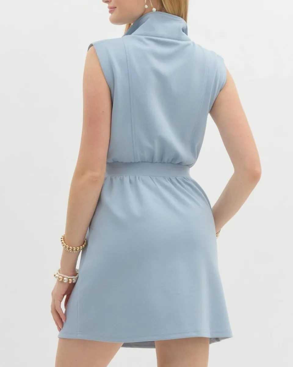 Solid Sleeveless Zip-Up Mini Dress in Chambray