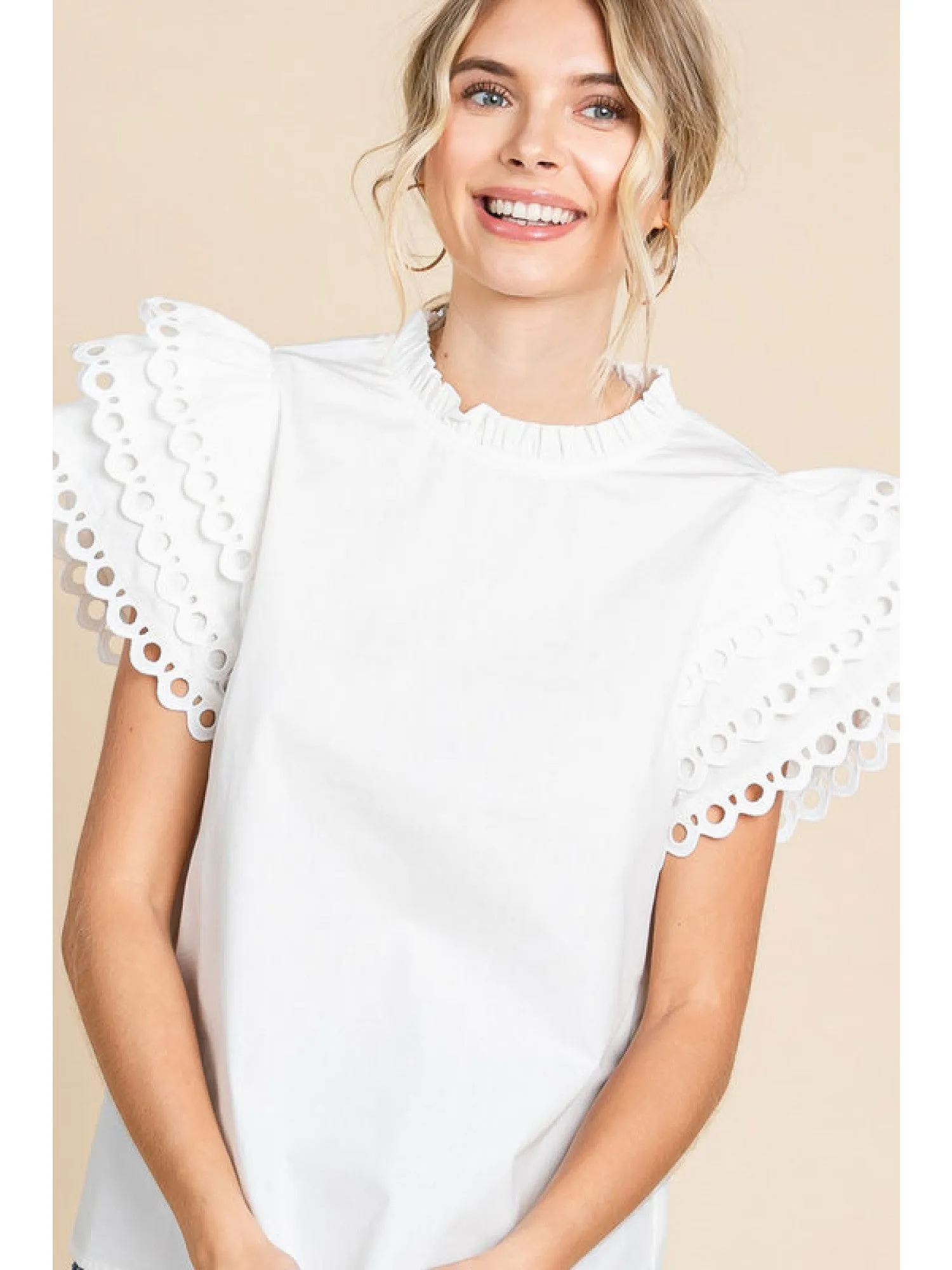 Solid Top with Frill Short Sleeves