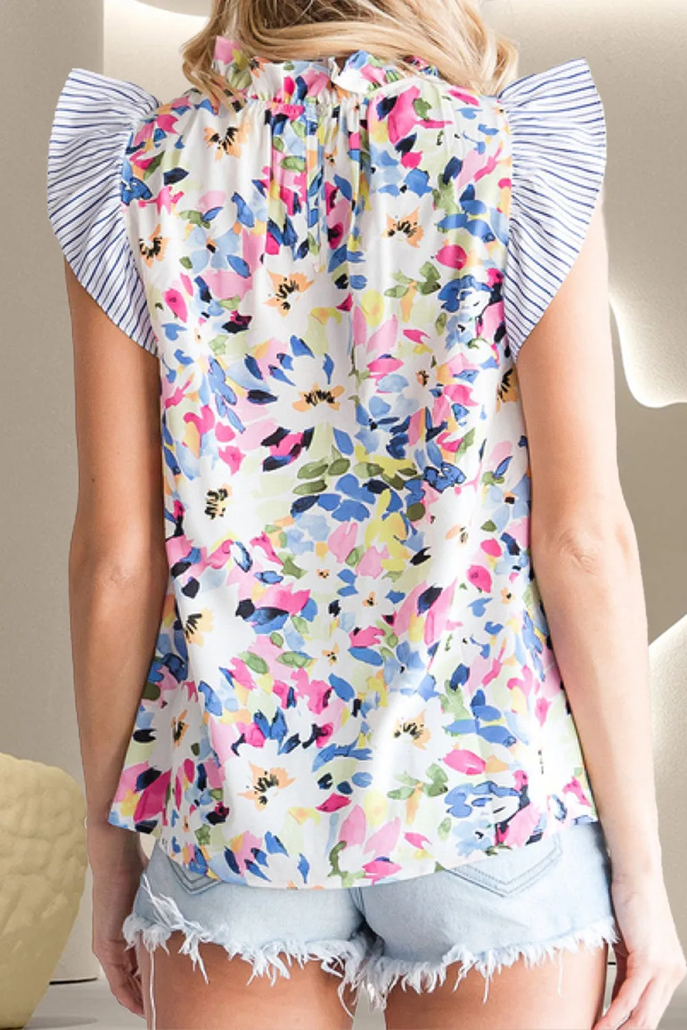 Sosie Ruffled Printed Mock Neck Cap Sleeve Blouse