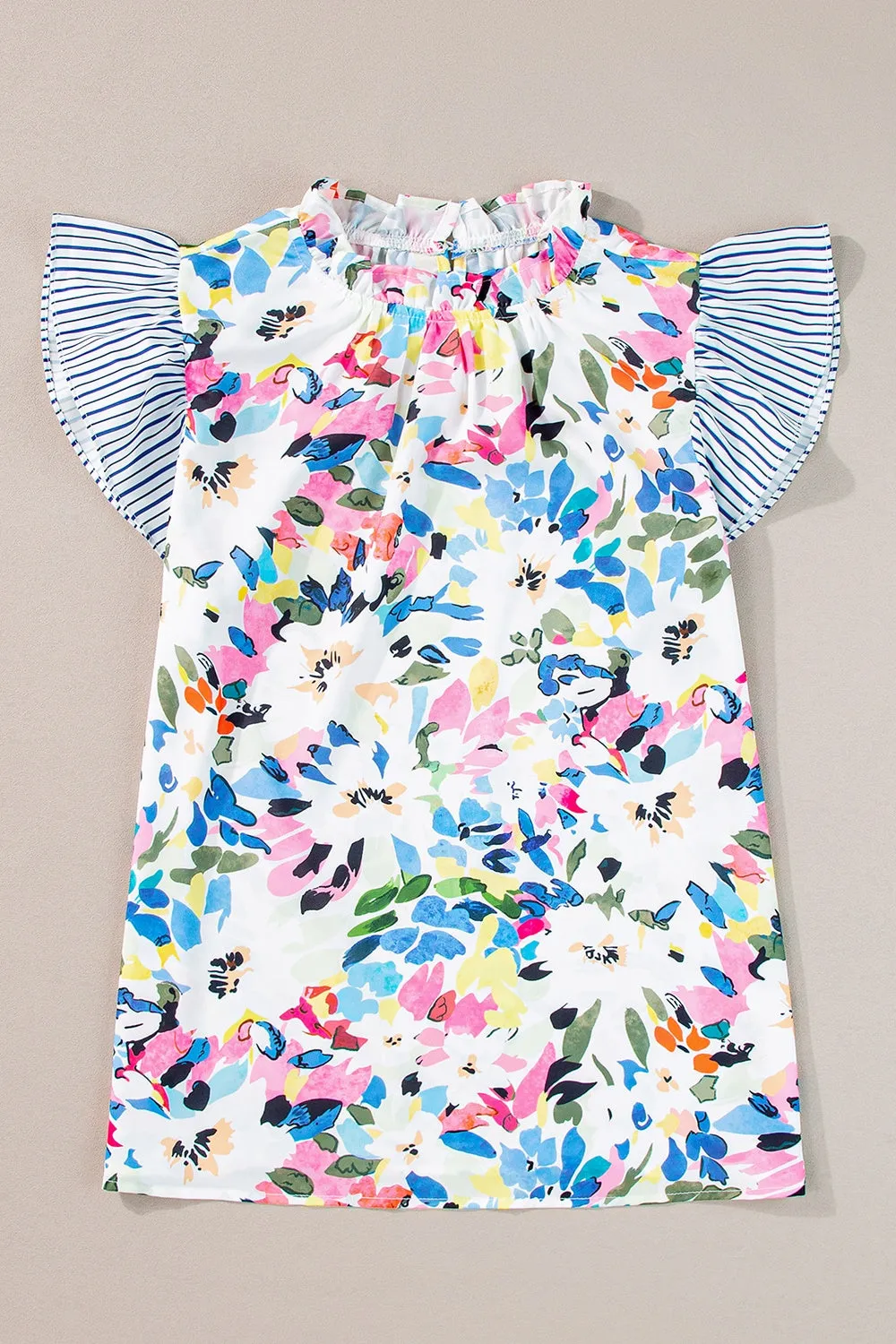 Sosie Ruffled Printed Mock Neck Cap Sleeve Blouse