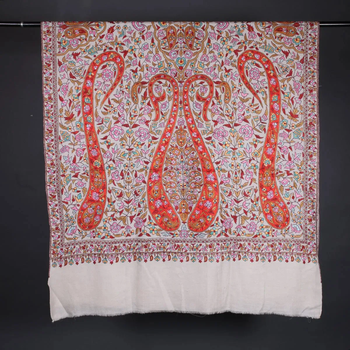 Sozni Embroidered White Base Paisley Jamawar Pashmina Shawl