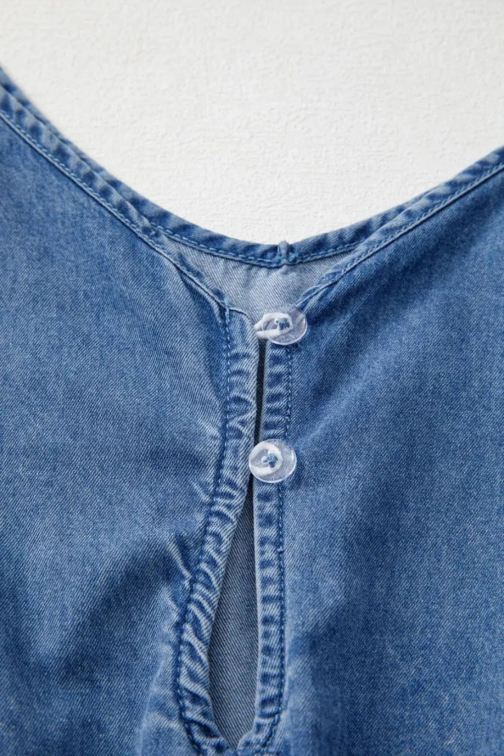 Spaghetti Straps V Neck Belted Ruffled Leg Chambray Romper