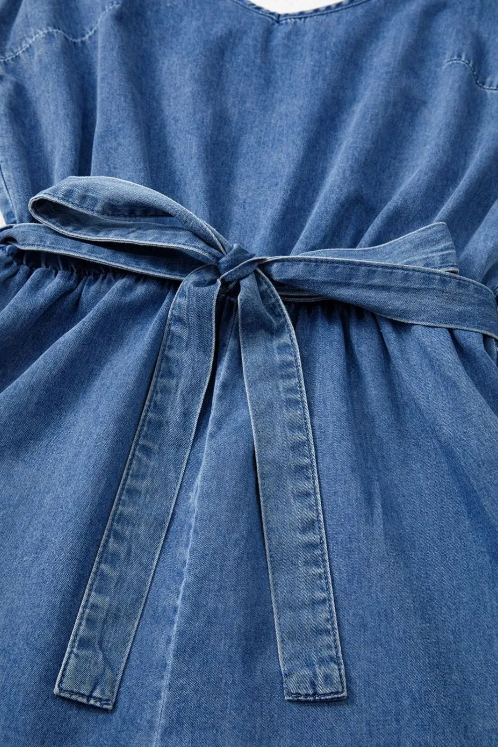 Spaghetti Straps V Neck Belted Ruffled Leg Chambray Romper