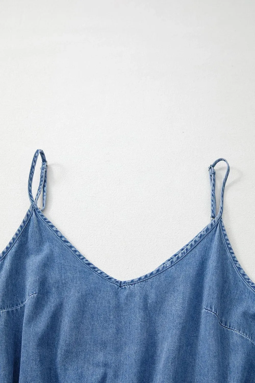 Spaghetti Straps V Neck Belted Ruffled Leg Chambray Romper