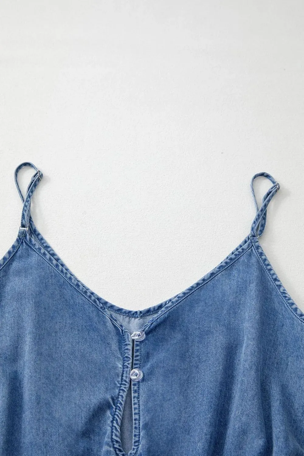 Spaghetti Straps V Neck Belted Ruffled Leg Chambray Romper