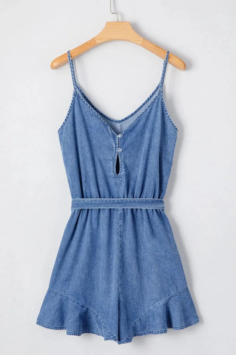 Spaghetti Straps V Neck Belted Ruffled Leg Chambray Romper