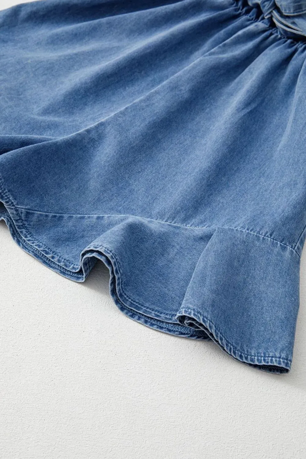 Spaghetti Straps V Neck Belted Ruffled Leg Chambray Romper