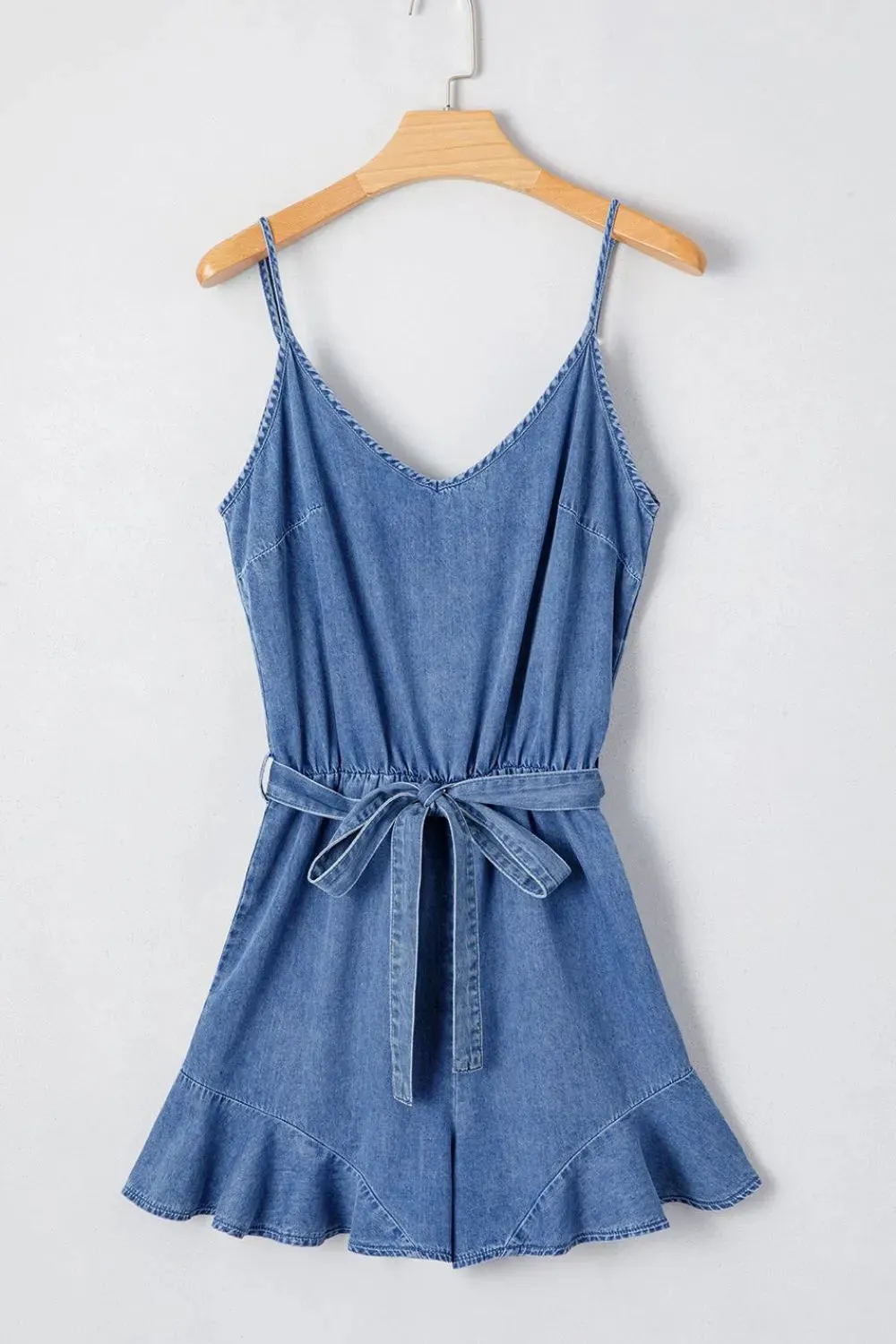 Spaghetti Straps V Neck Belted Ruffled Leg Chambray Romper