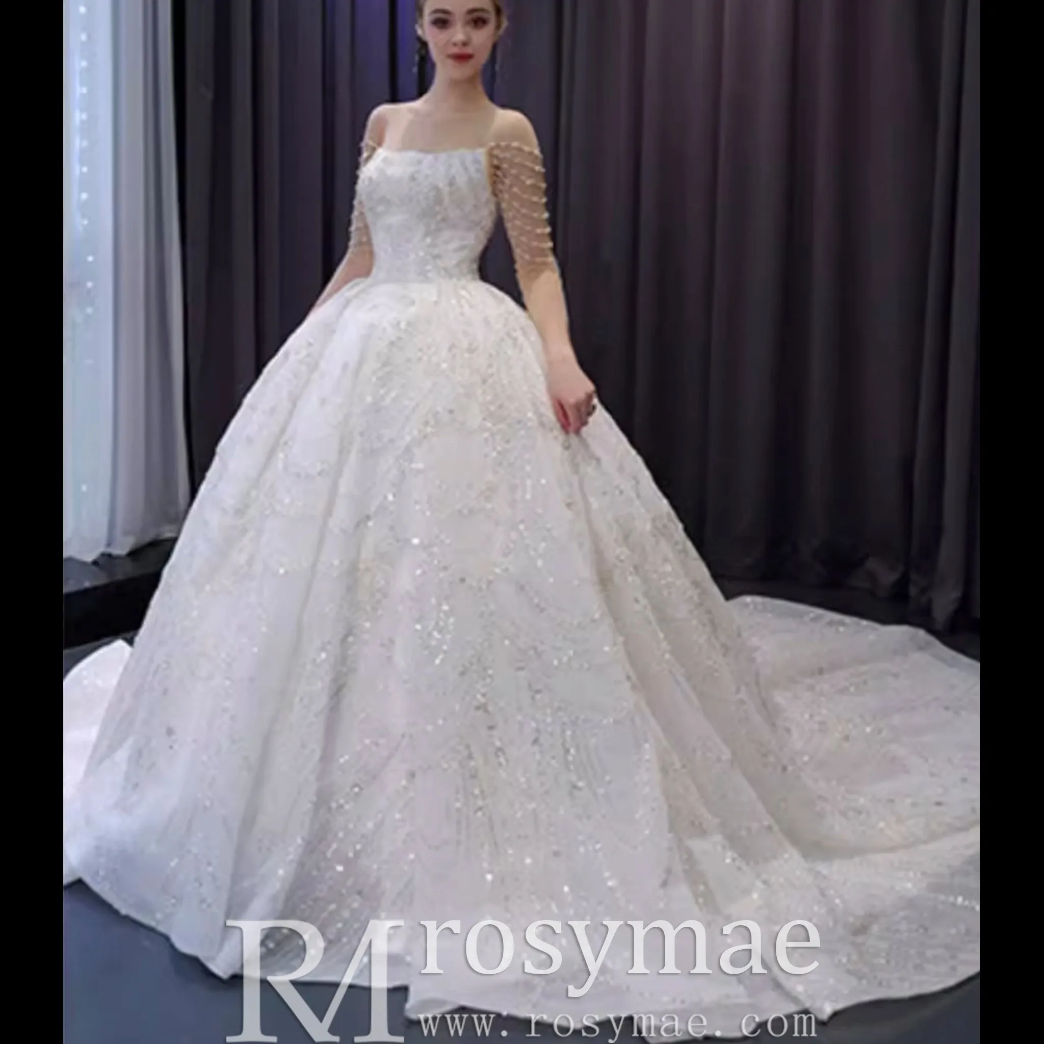 Sparkly Sheer Long Sleeve Puffy Skirt Ball Gown Wedding Dress