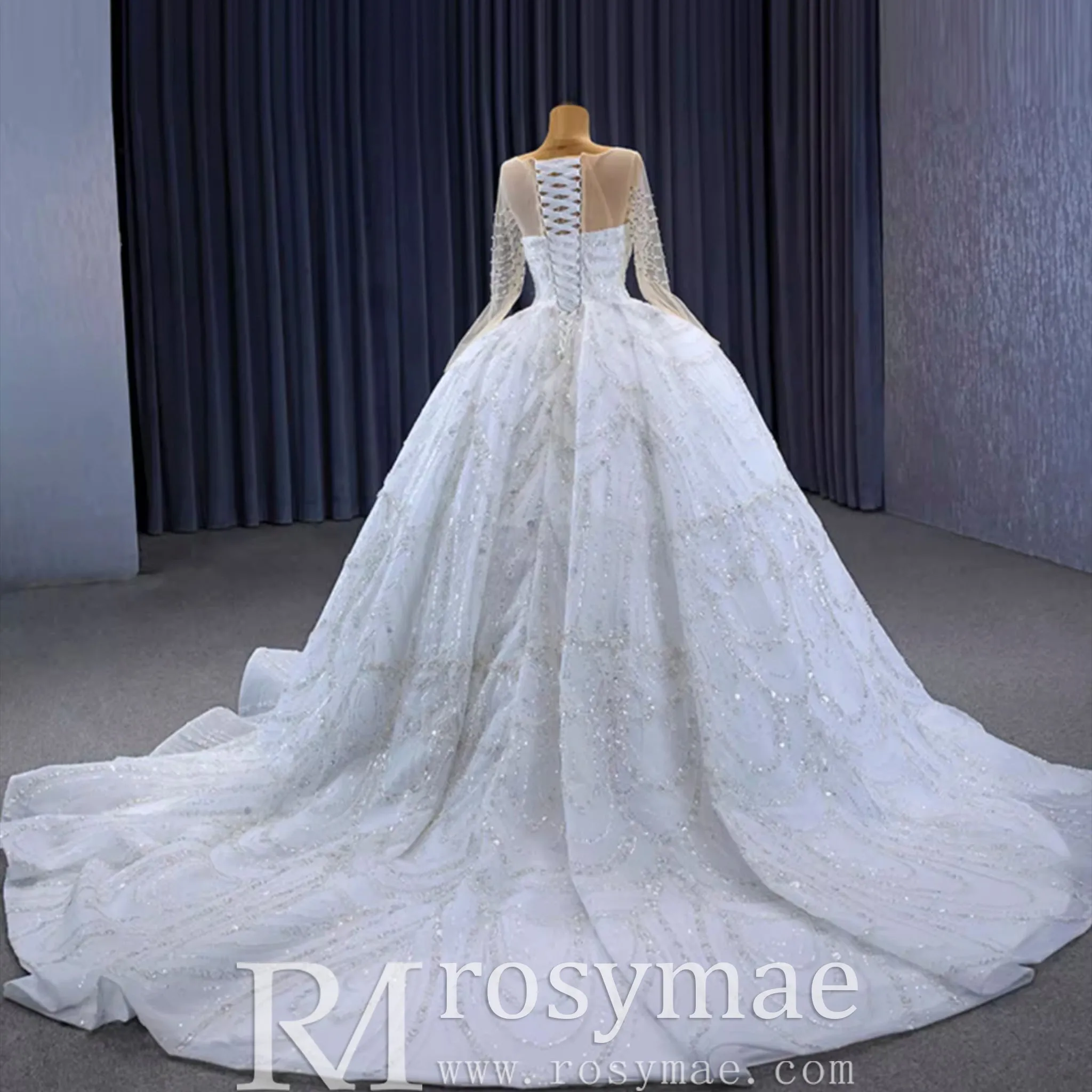 Sparkly Sheer Long Sleeve Puffy Skirt Ball Gown Wedding Dress