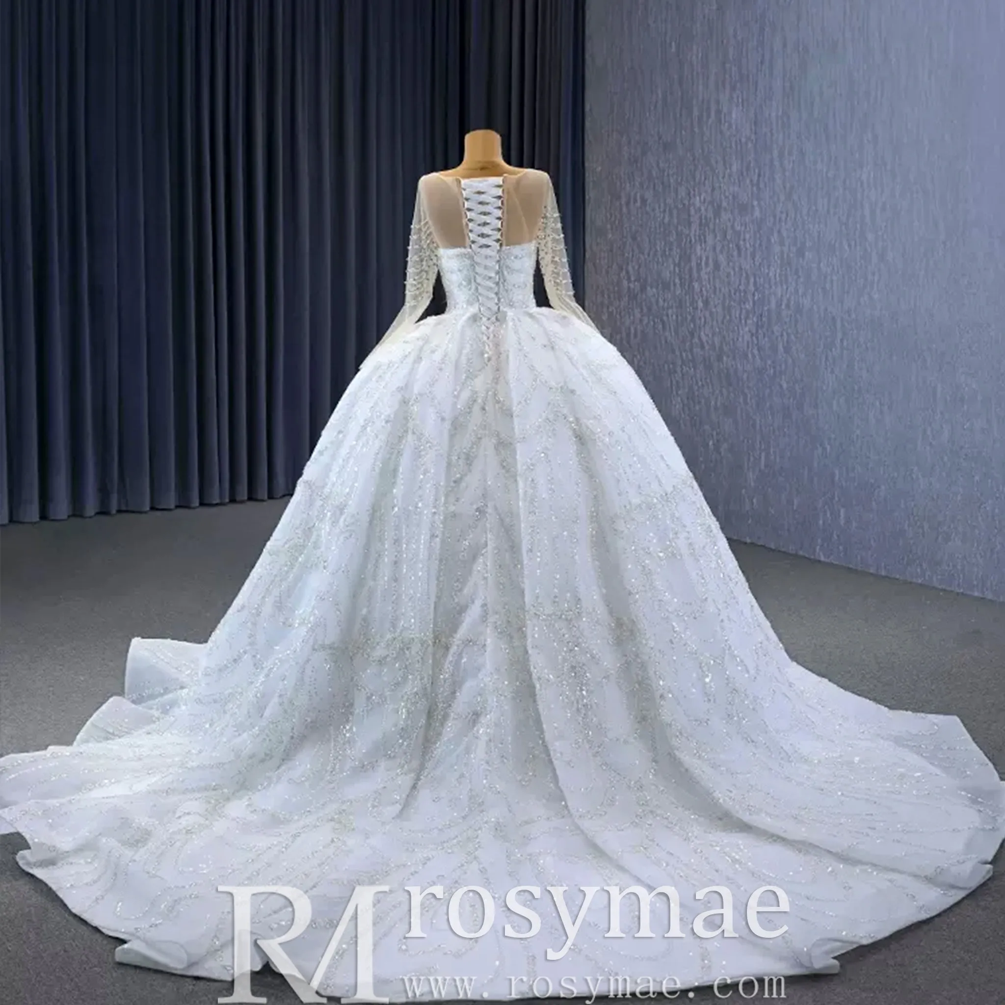Sparkly Sheer Long Sleeve Puffy Skirt Ball Gown Wedding Dress