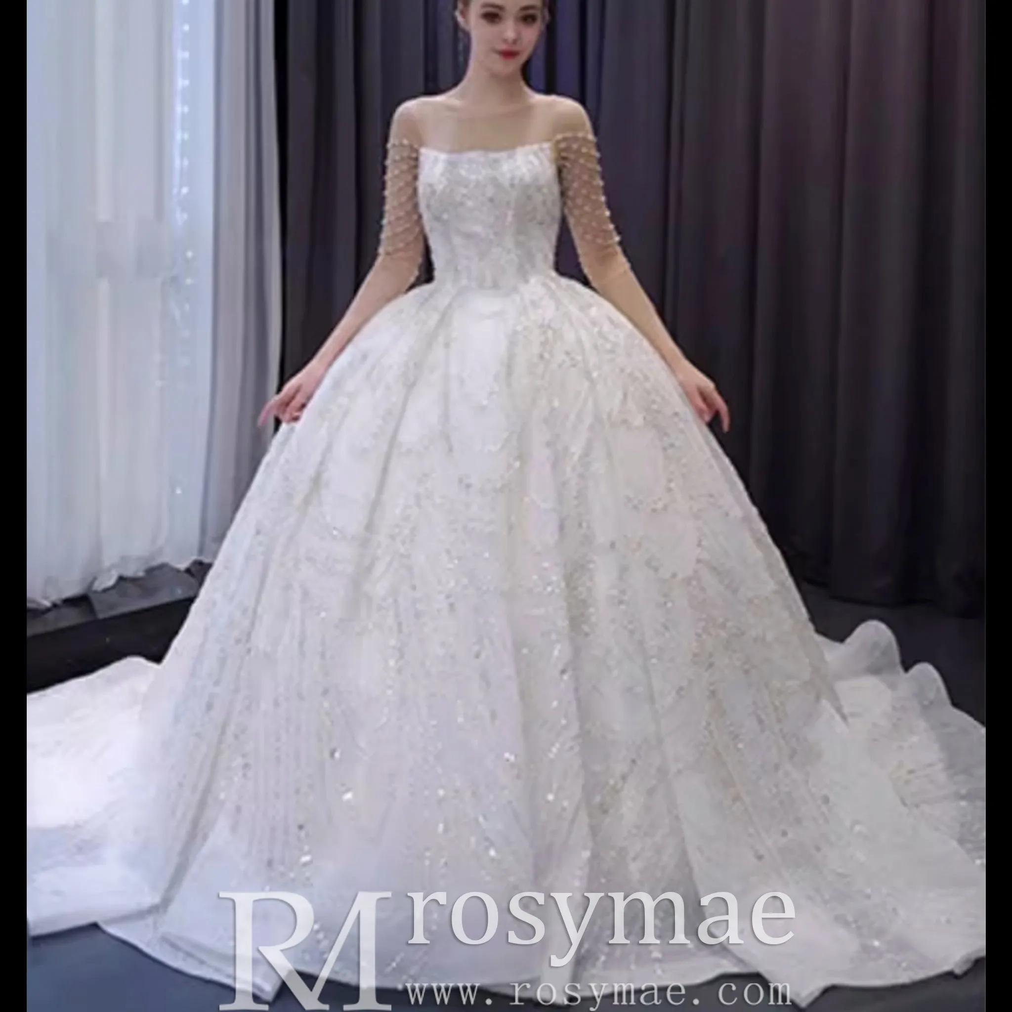 Sparkly Sheer Long Sleeve Puffy Skirt Ball Gown Wedding Dress