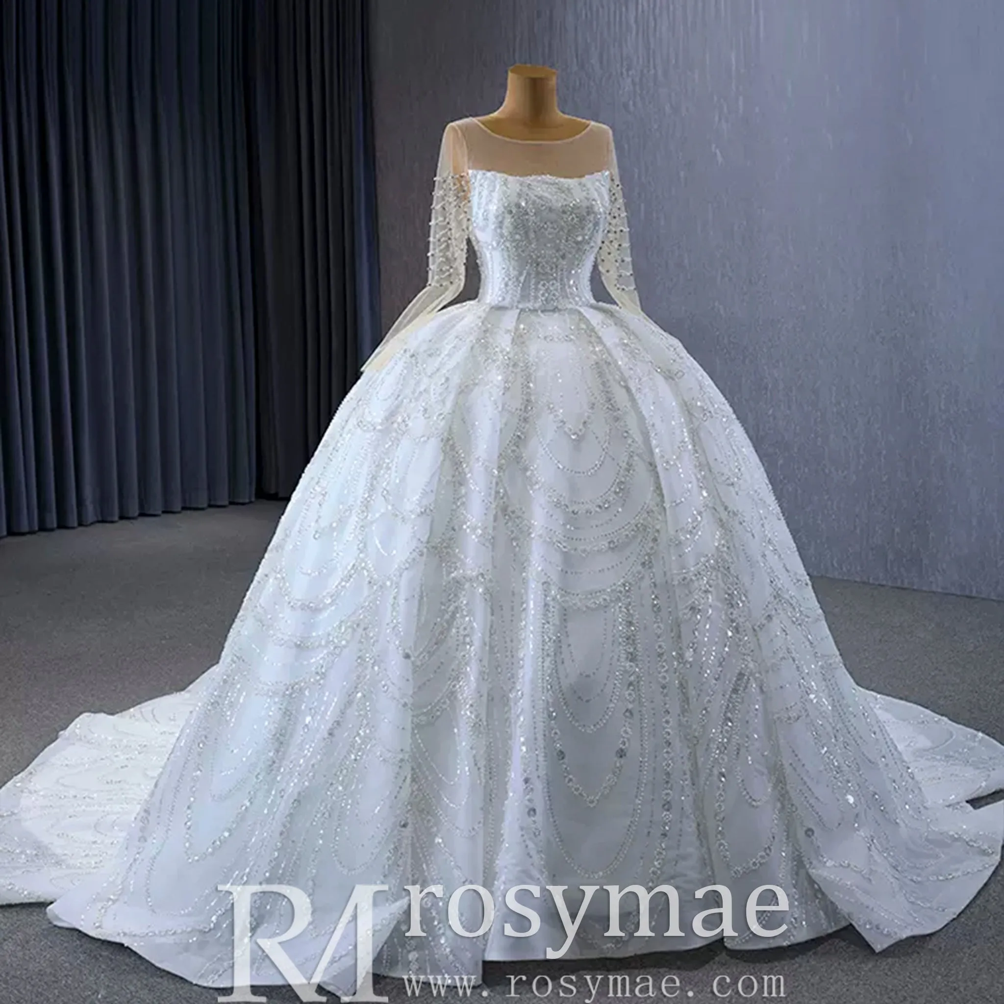 Sparkly Sheer Long Sleeve Puffy Skirt Ball Gown Wedding Dress