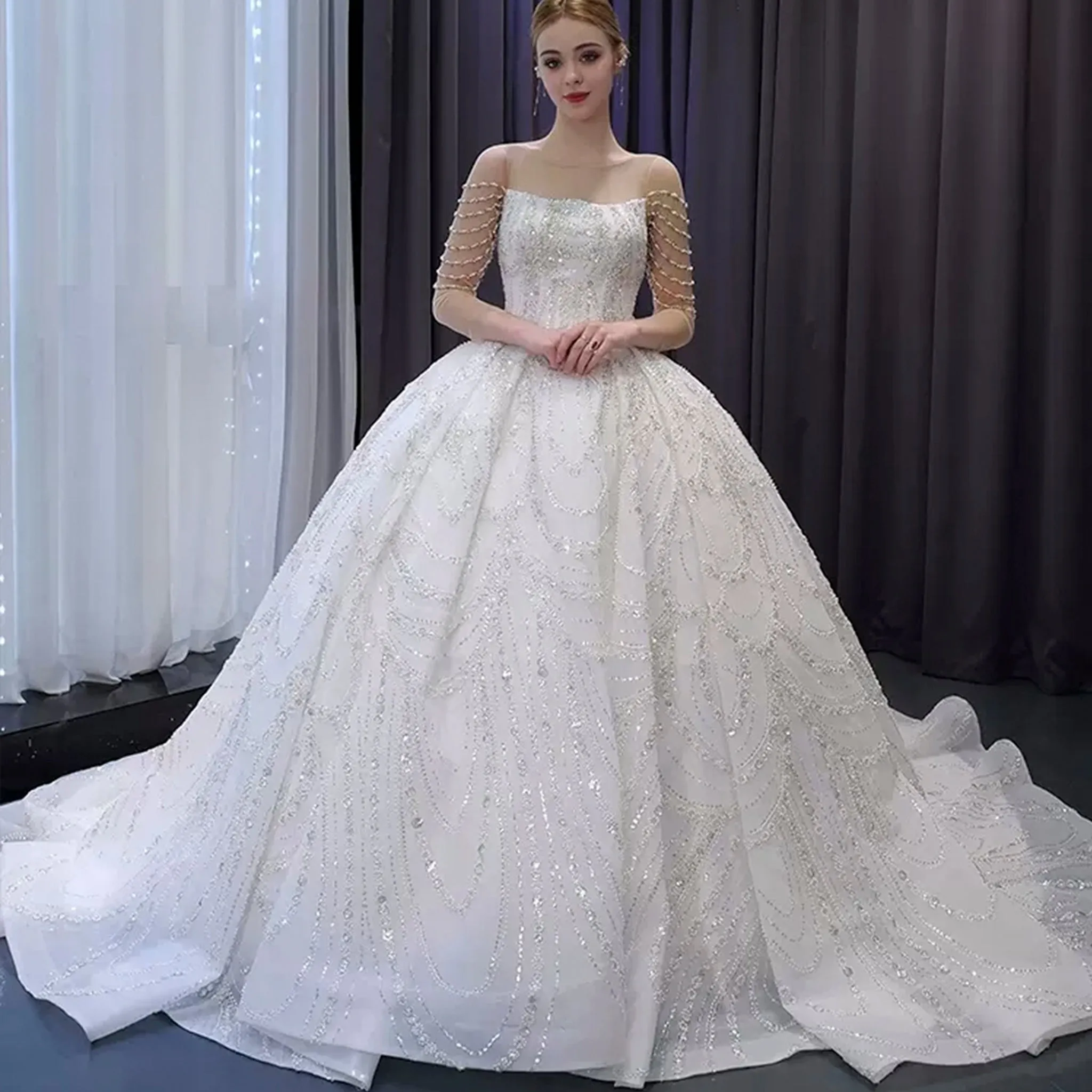 Sparkly Sheer Long Sleeve Puffy Skirt Ball Gown Wedding Dress