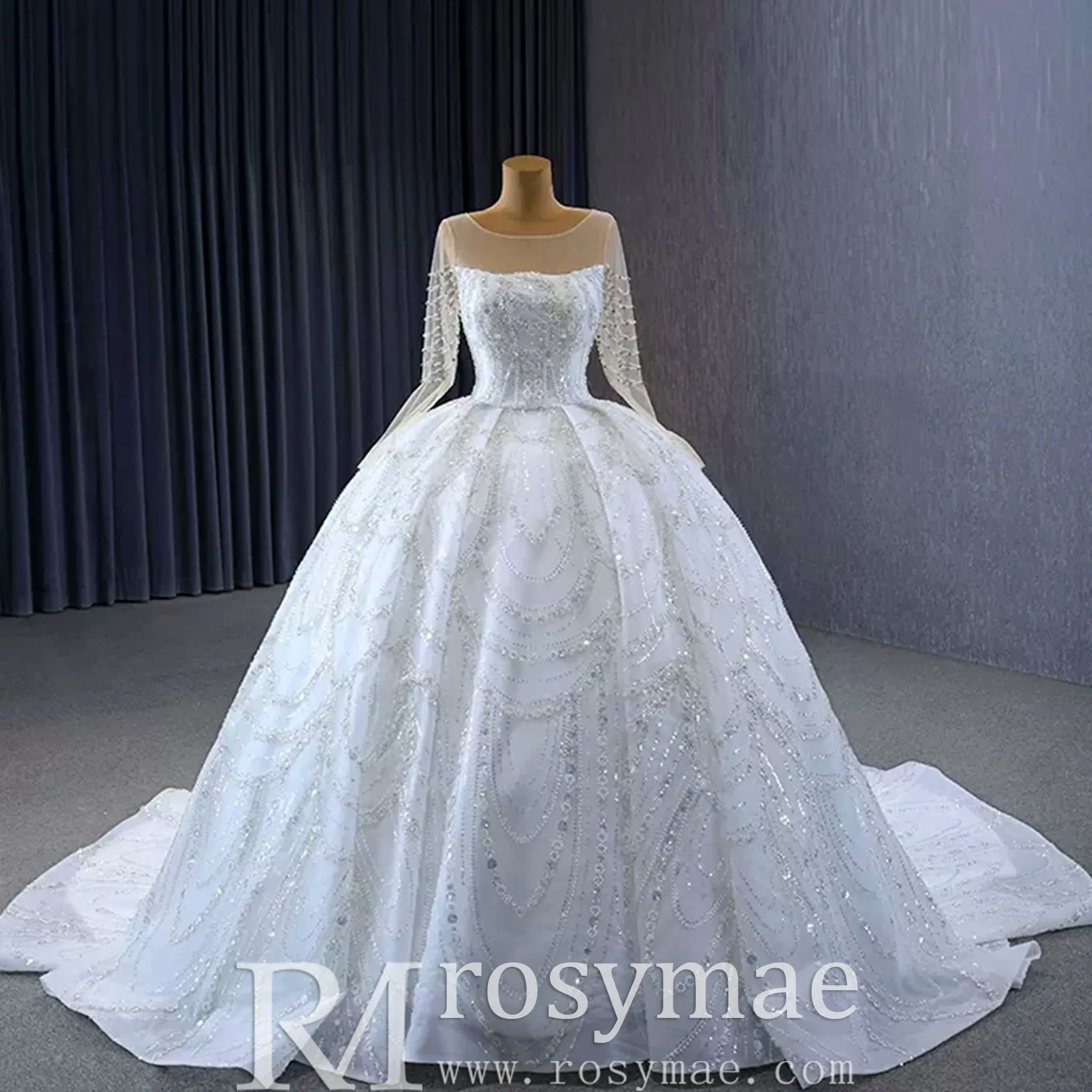 Sparkly Sheer Long Sleeve Puffy Skirt Ball Gown Wedding Dress