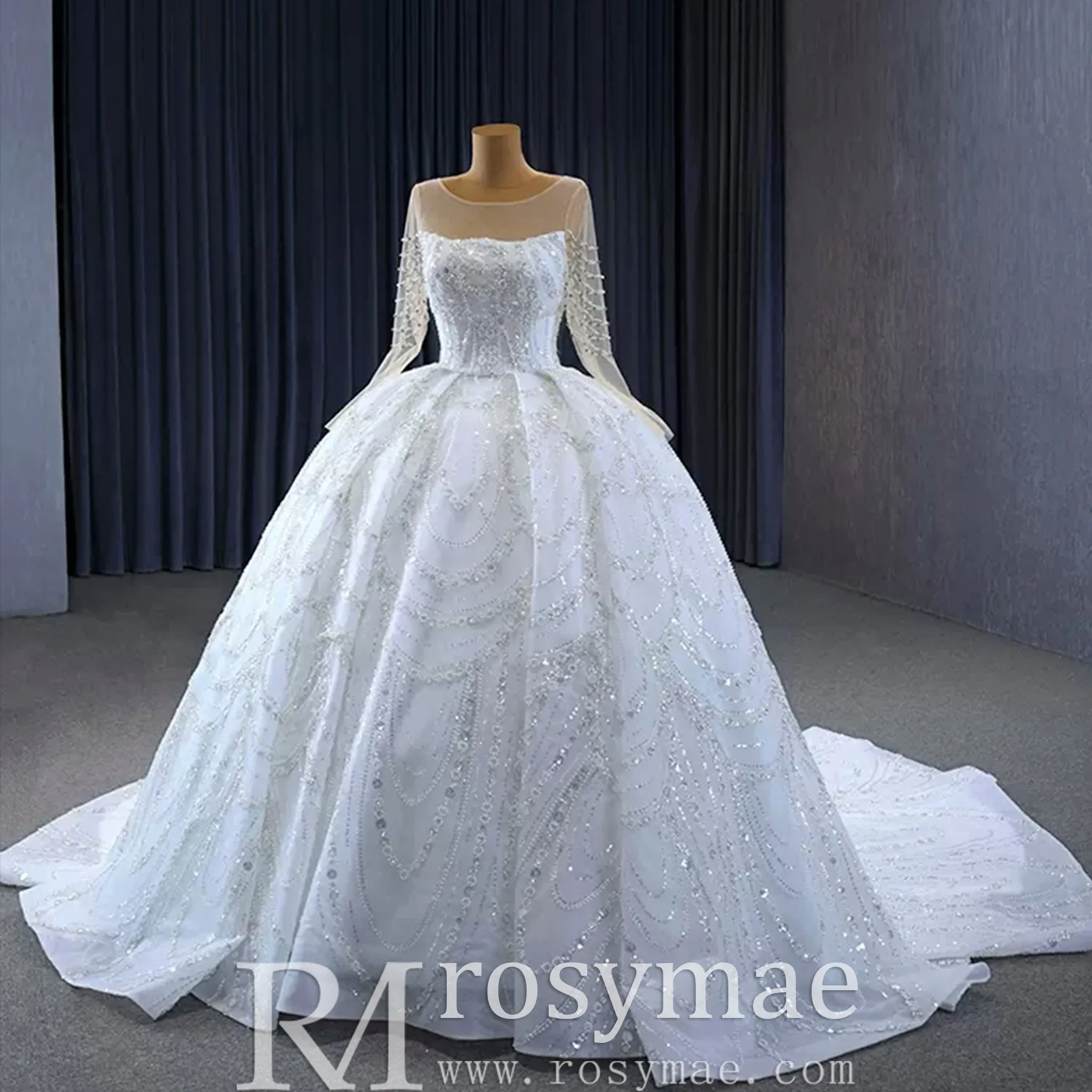 Sparkly Sheer Long Sleeve Puffy Skirt Ball Gown Wedding Dress