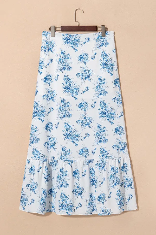 Split Asymmetrical Ruffled Printed Skirt