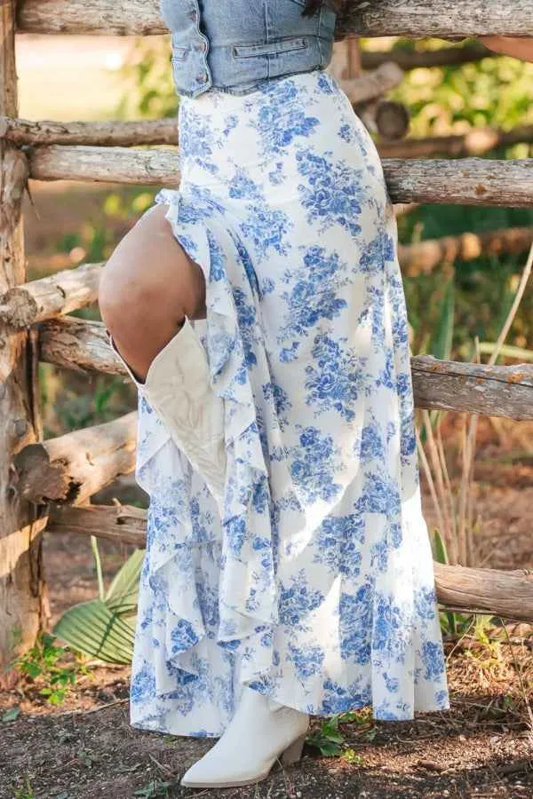 Split Asymmetrical Ruffled Skirt - Trendy Printed Design