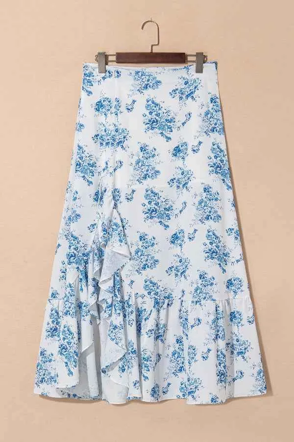 Split Asymmetrical Ruffled Skirt - Trendy Printed Design