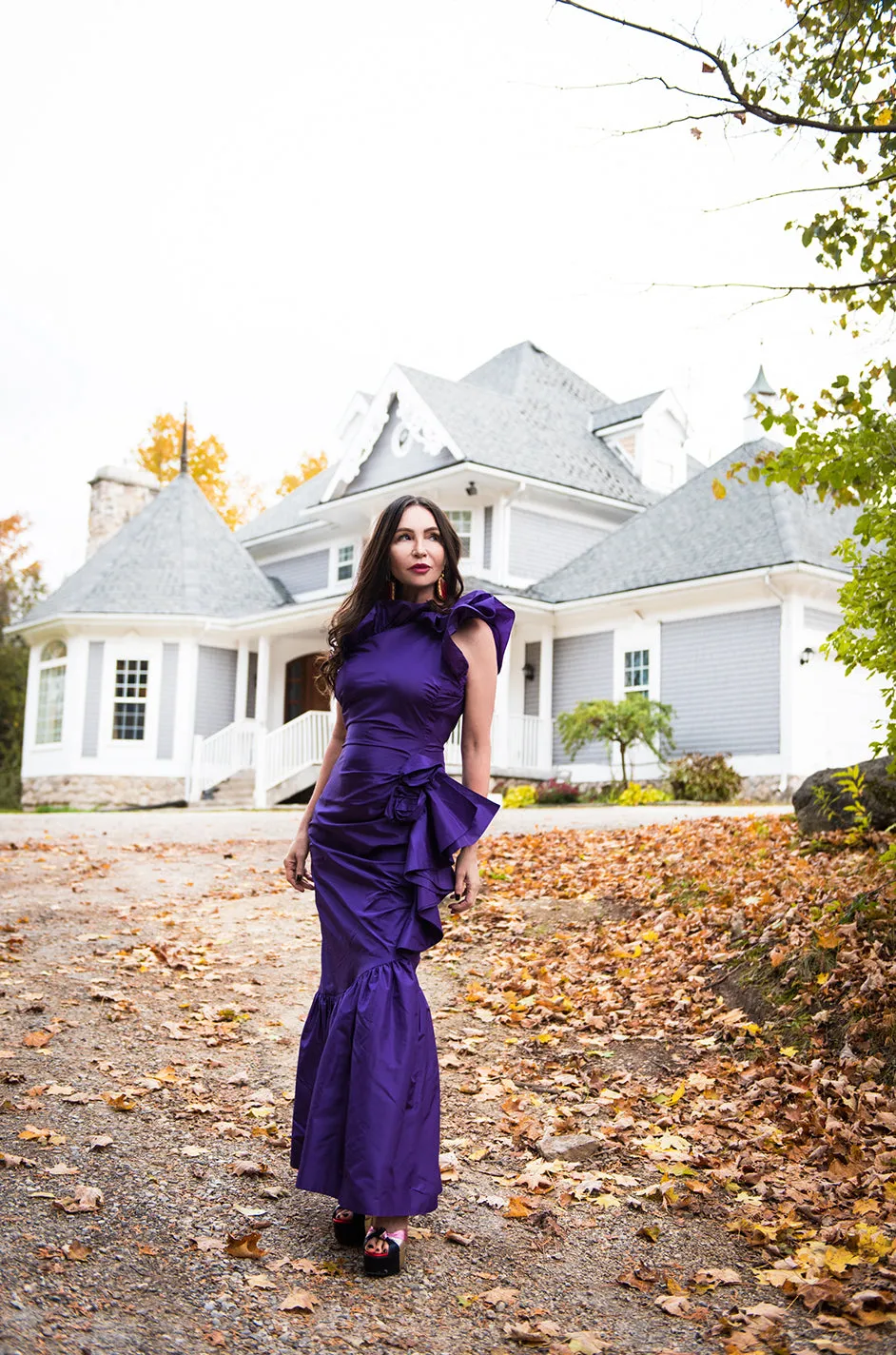 Spring 1982 Unlabeled Givenchy One Shoulder Purple Silk Dress