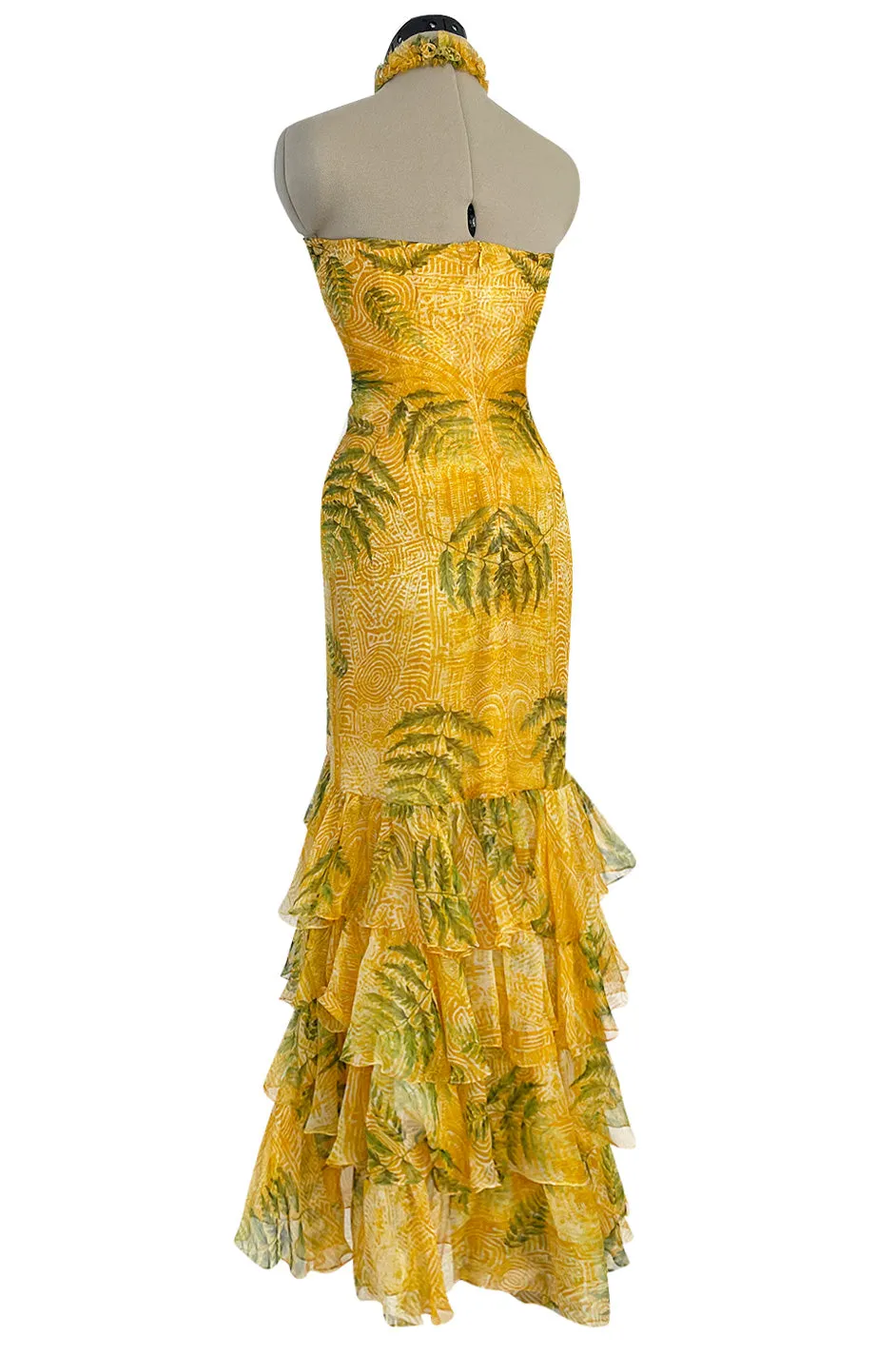 Spring 2004 Oscar de la Renta Runway Yellow Silk Chiffon Ruffled Dress w Fern & Floral Print