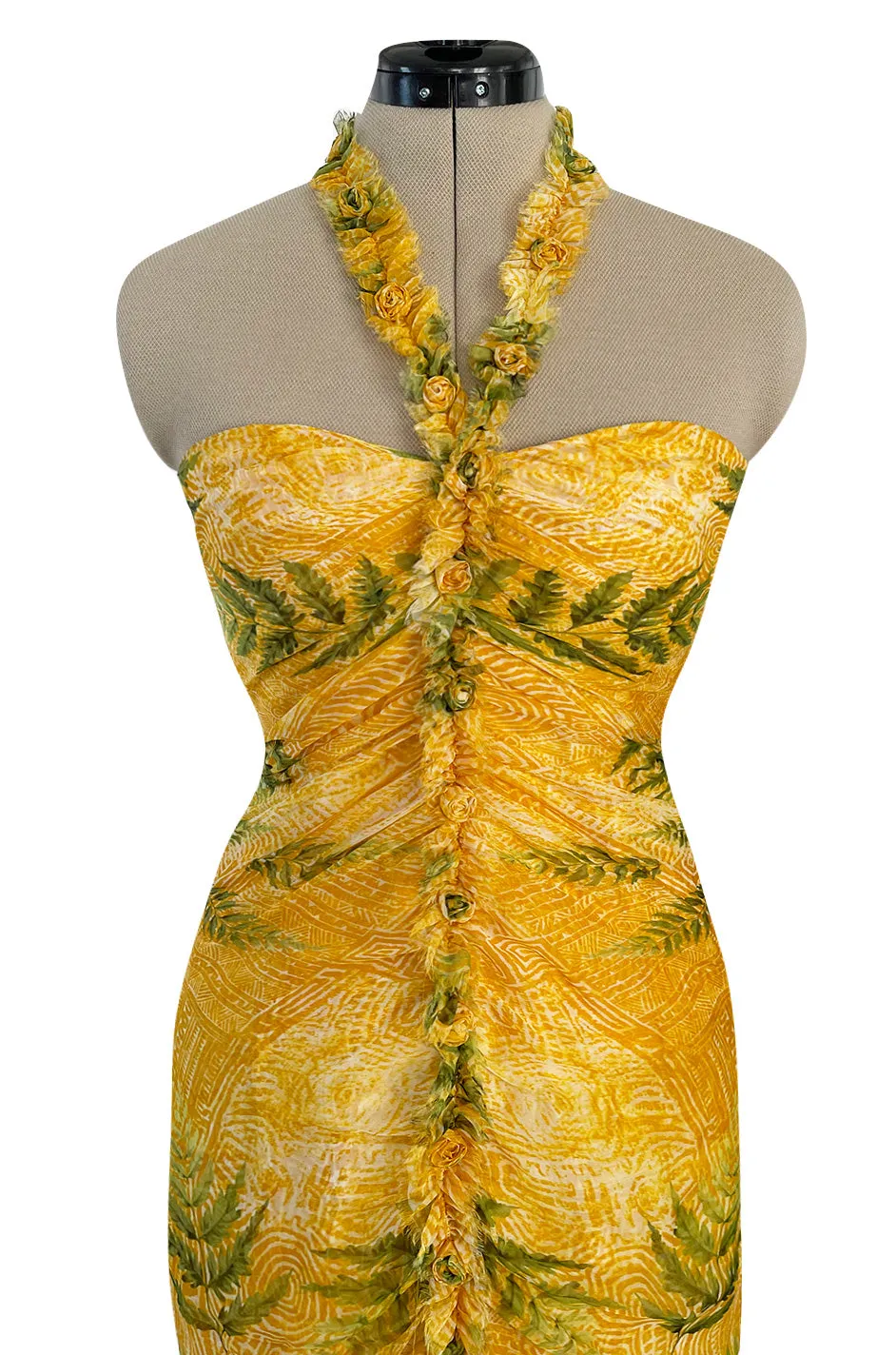 Spring 2004 Oscar de la Renta Runway Yellow Silk Chiffon Ruffled Dress w Fern & Floral Print