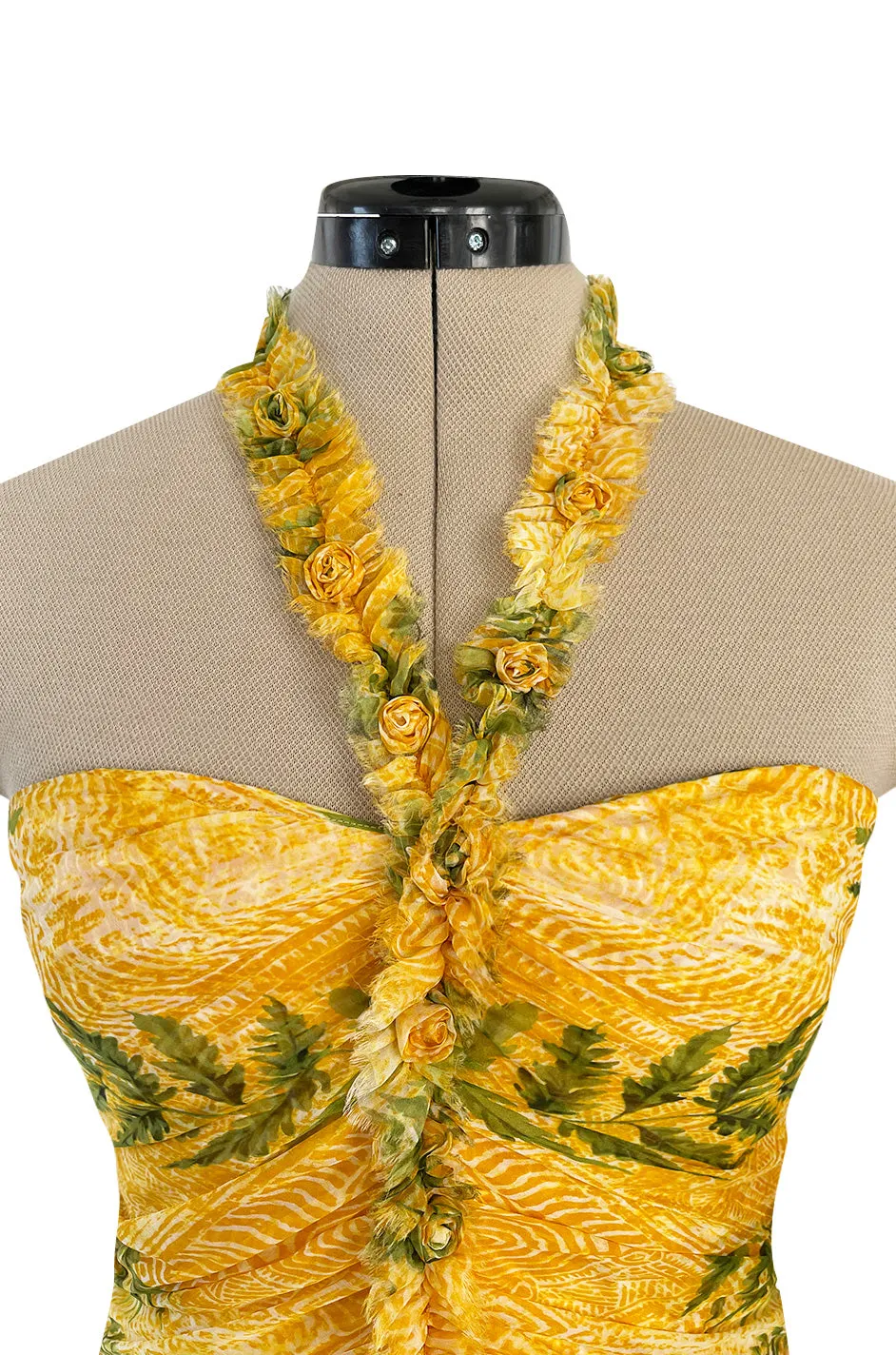 Spring 2004 Oscar de la Renta Runway Yellow Silk Chiffon Ruffled Dress w Fern & Floral Print