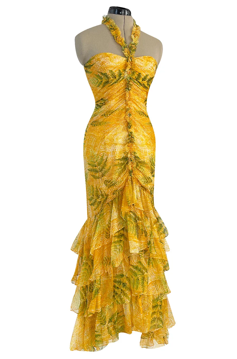 Spring 2004 Oscar de la Renta Runway Yellow Silk Chiffon Ruffled Dress w Fern & Floral Print