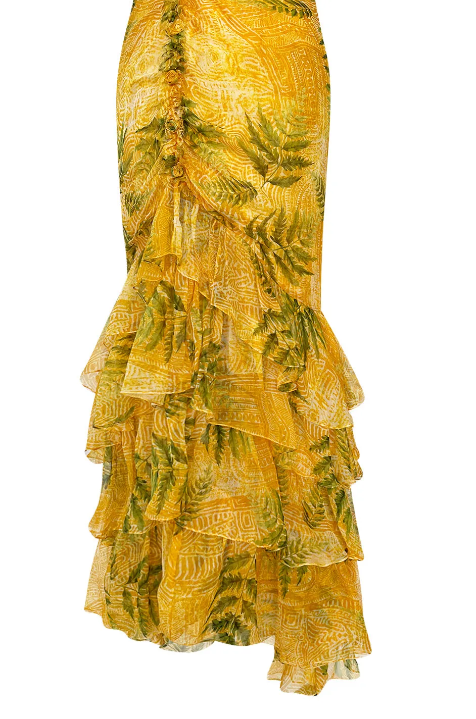 Spring 2004 Oscar de la Renta Runway Yellow Silk Chiffon Ruffled Dress w Fern & Floral Print