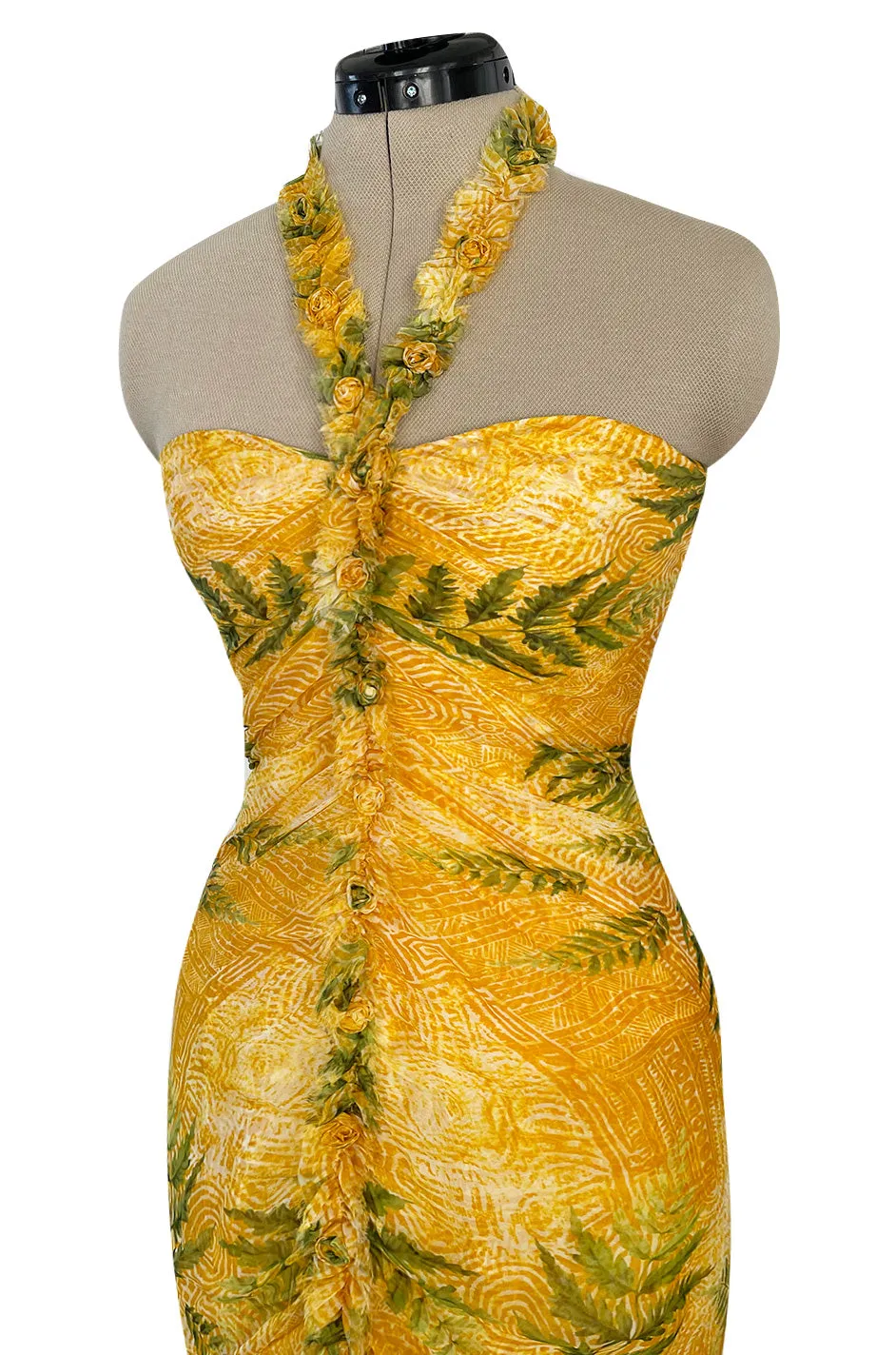 Spring 2004 Oscar de la Renta Runway Yellow Silk Chiffon Ruffled Dress w Fern & Floral Print