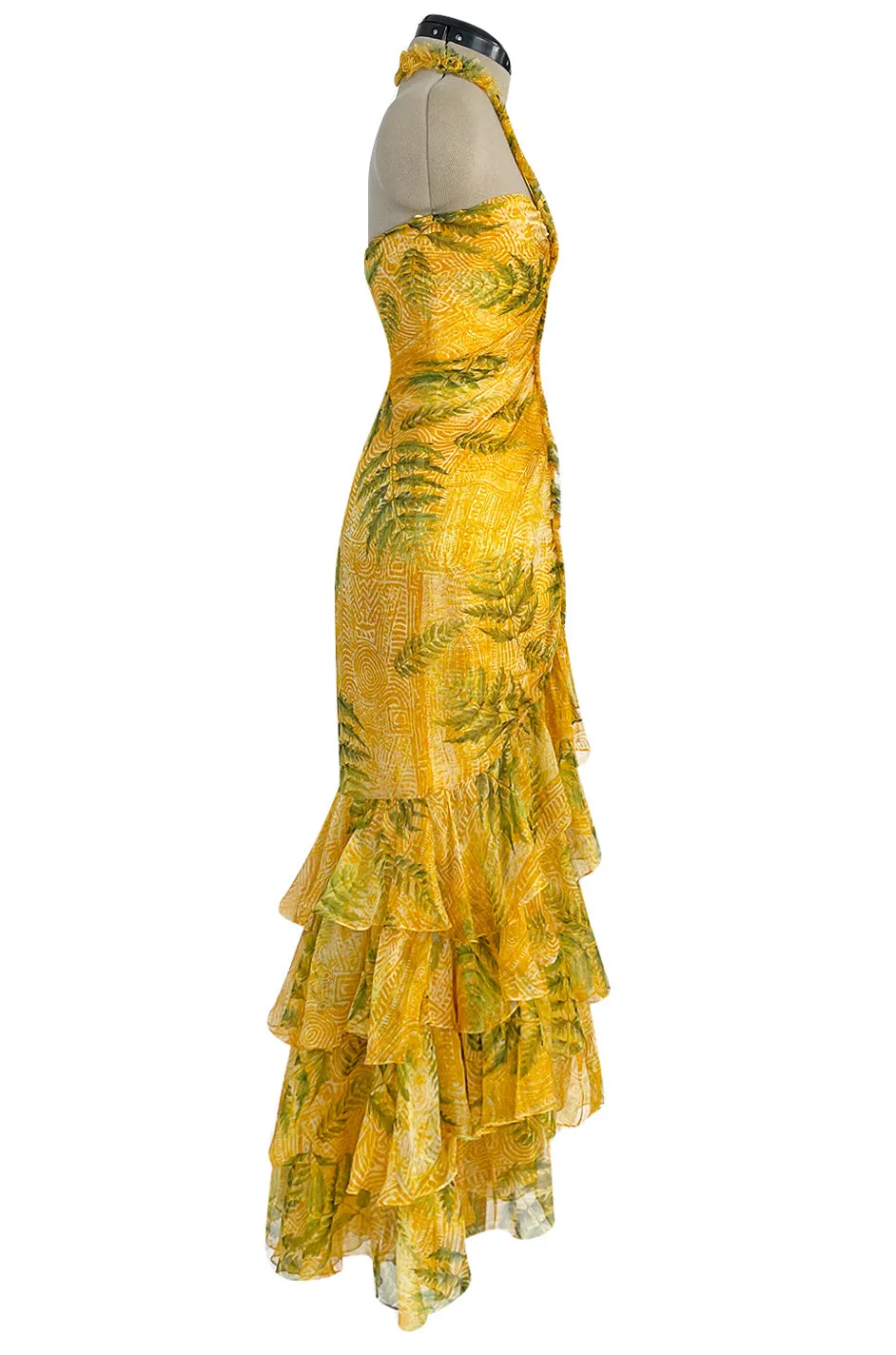 Spring 2004 Oscar de la Renta Runway Yellow Silk Chiffon Ruffled Dress w Fern & Floral Print