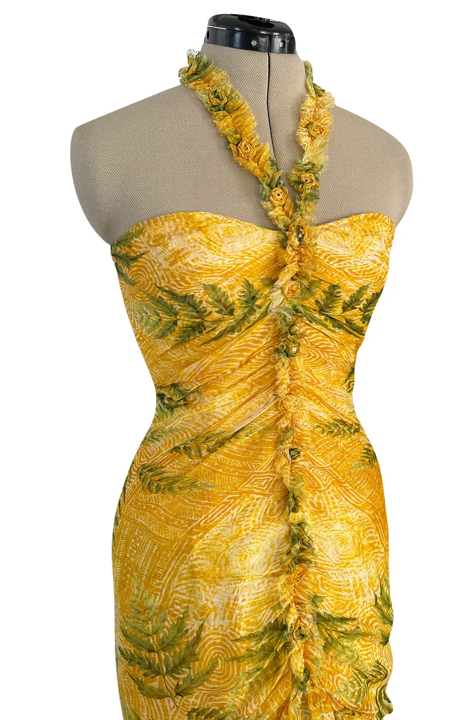 Spring 2004 Oscar de la Renta Runway Yellow Silk Chiffon Ruffled Dress w Fern & Floral Print