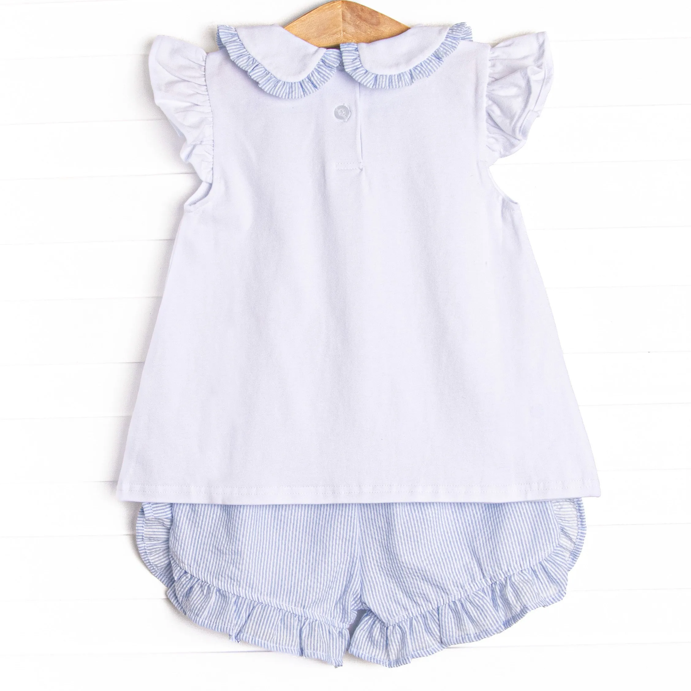 Spring Seersucker Ruffle Short Set, Blue