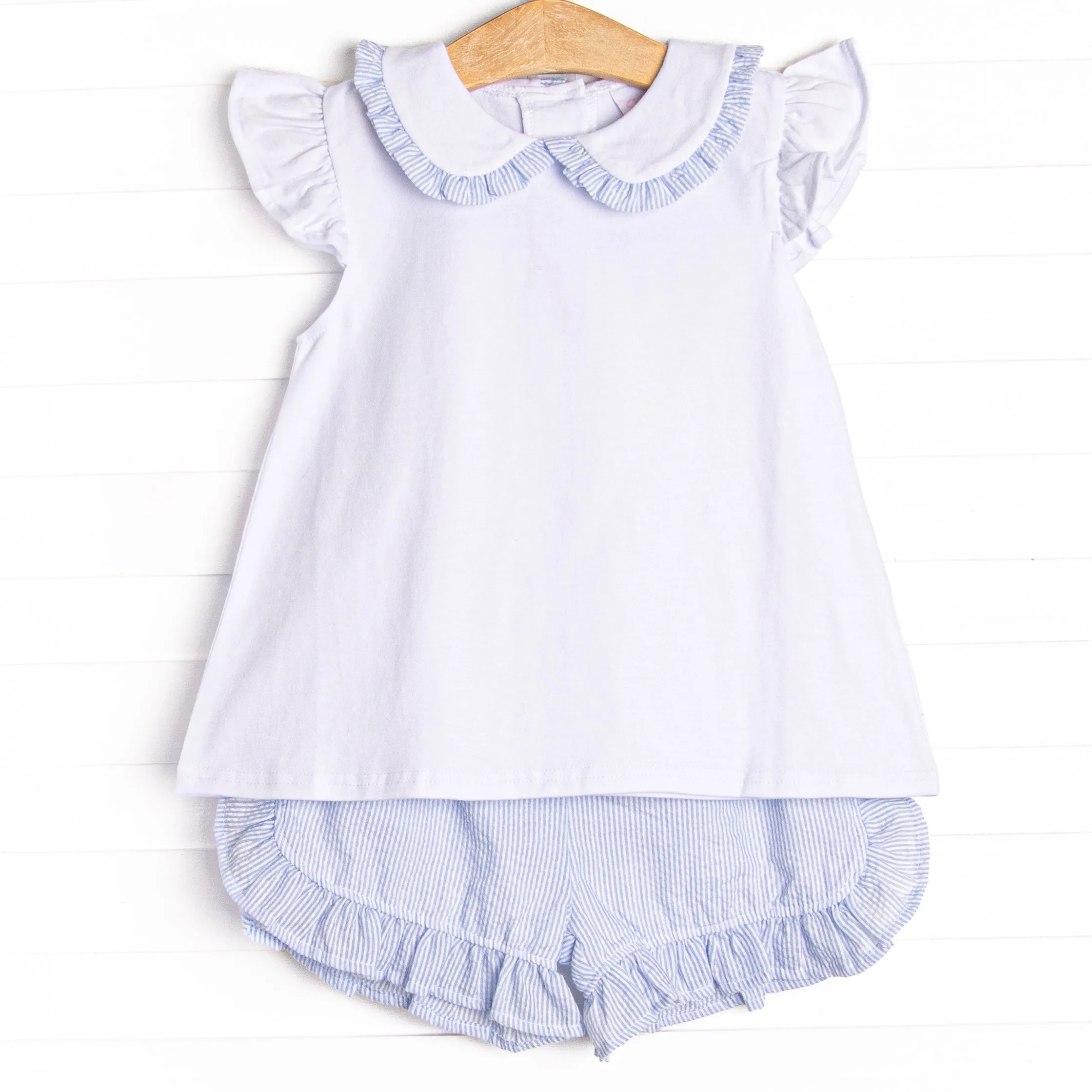 Spring Seersucker Ruffle Short Set, Blue