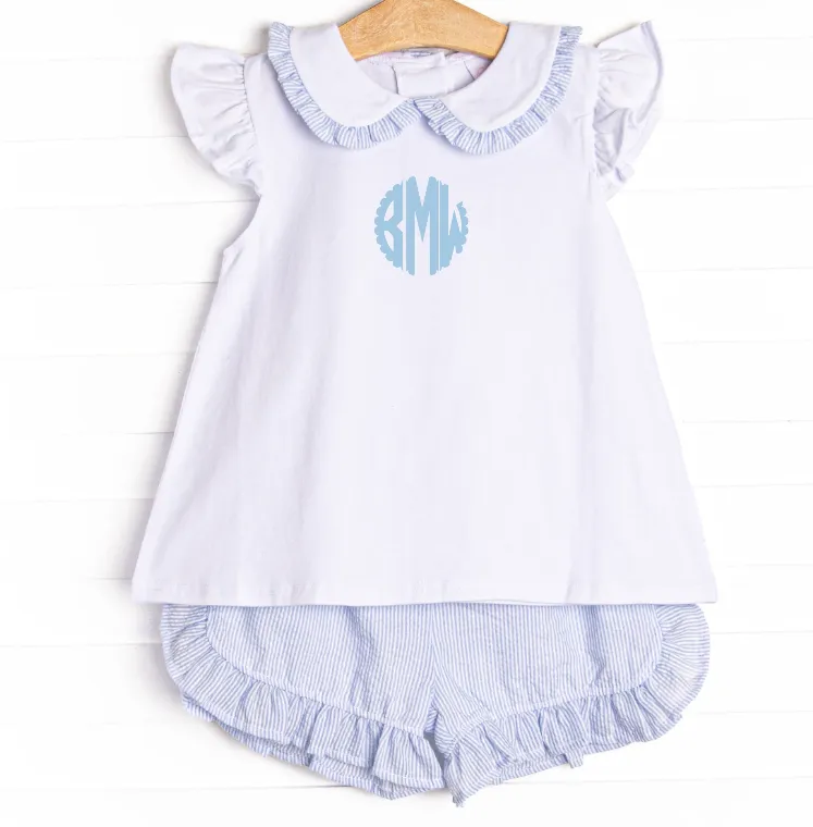 Spring Seersucker Ruffle Short Set, Blue