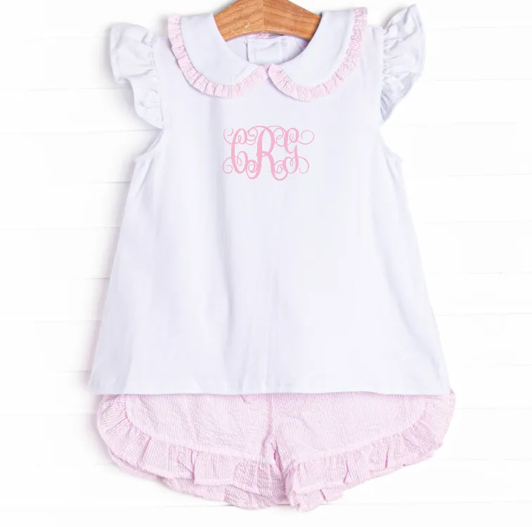 Spring Seersucker Ruffle Short Set, Pink