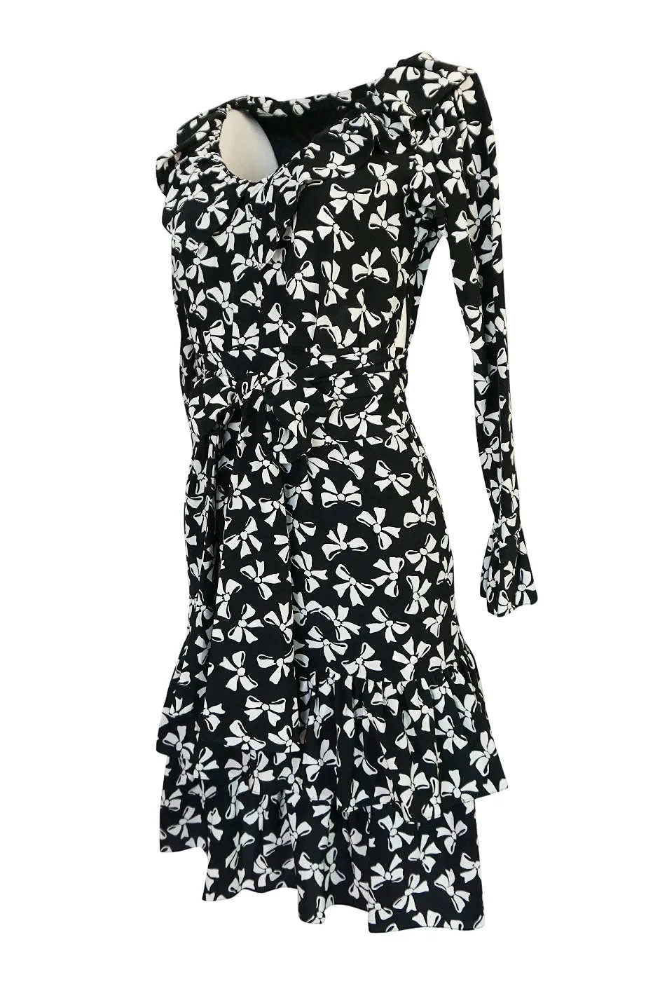S/S 1987 Yves Saint Laurent Bow Print Silk Ruffle Dress