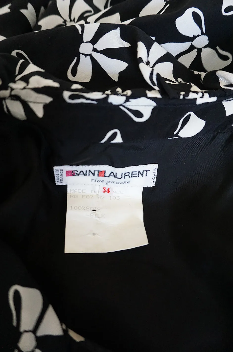 S/S 1987 Yves Saint Laurent Bow Print Silk Ruffle Dress