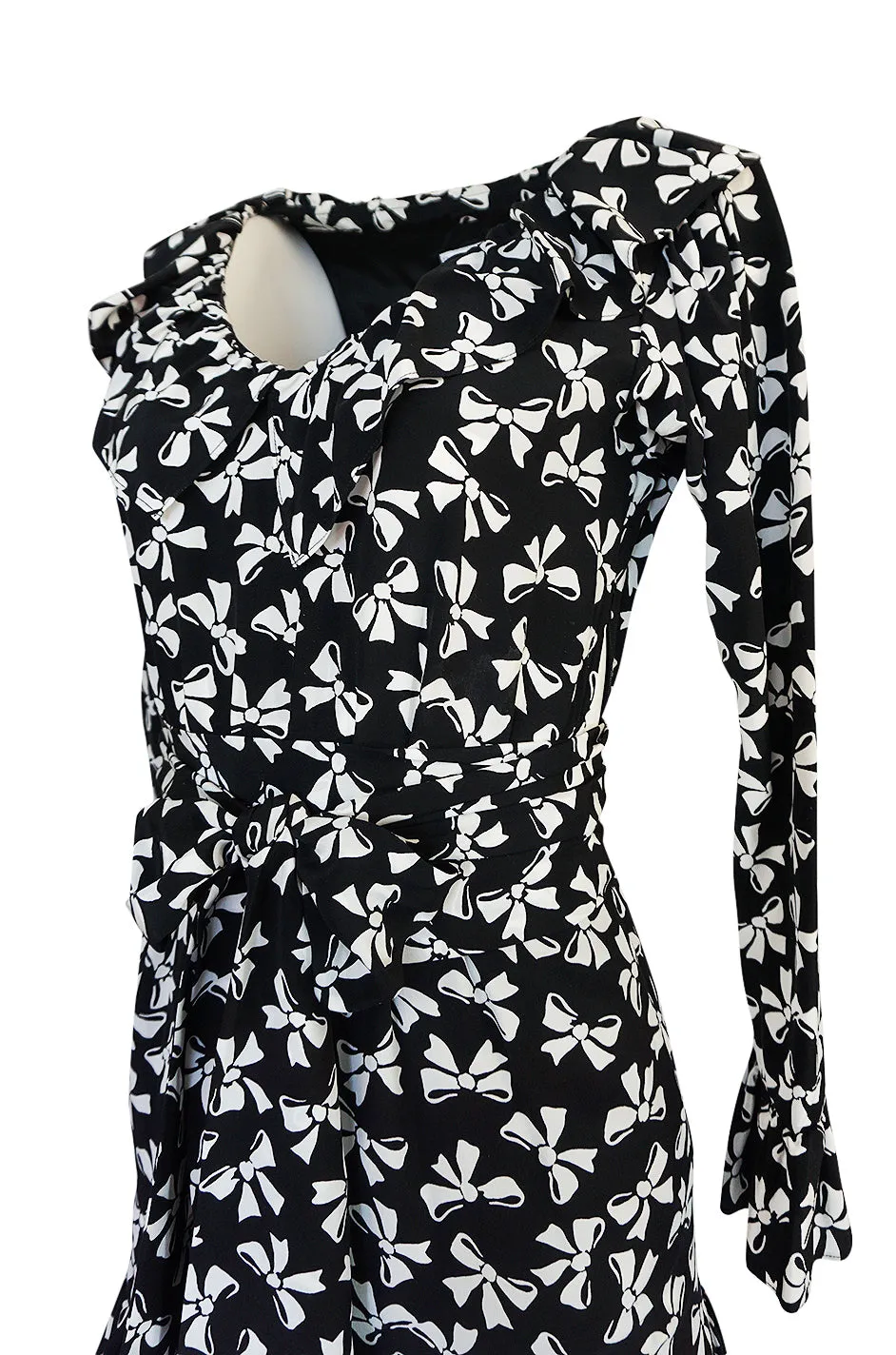 S/S 1987 Yves Saint Laurent Bow Print Silk Ruffle Dress