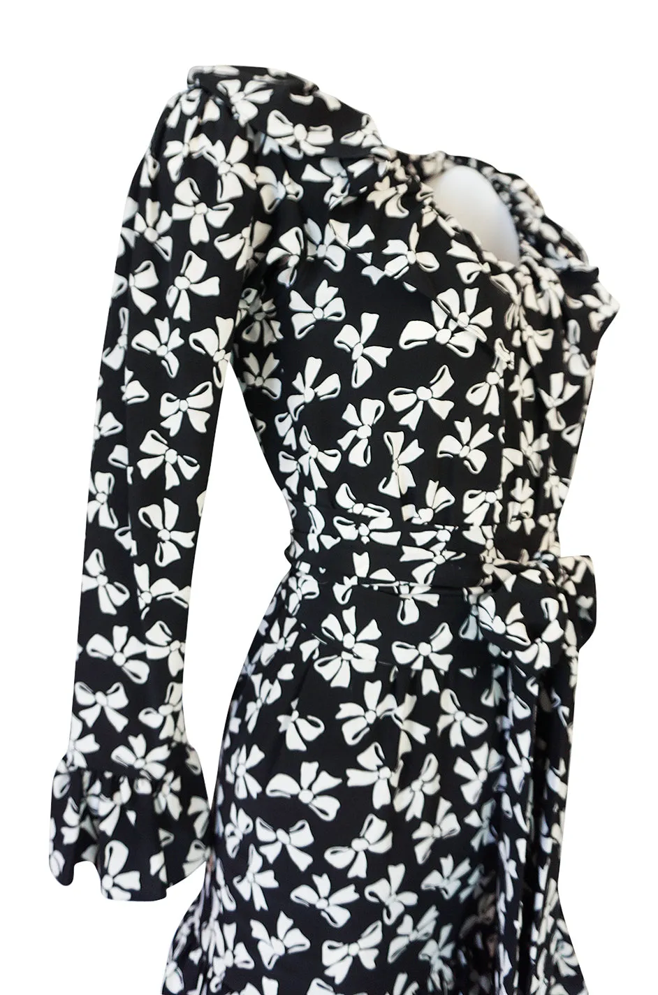 S/S 1987 Yves Saint Laurent Bow Print Silk Ruffle Dress