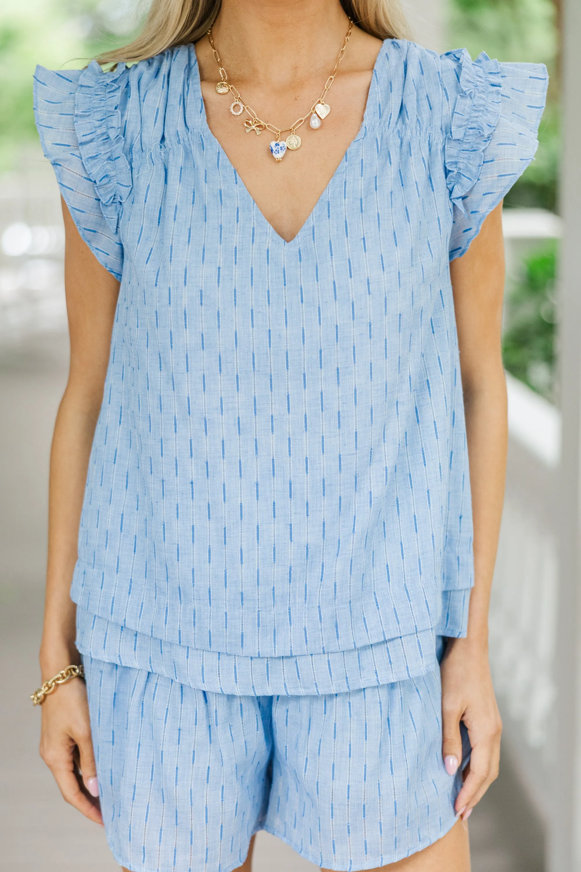 Stay A While Chambray Blue Ruffled Set