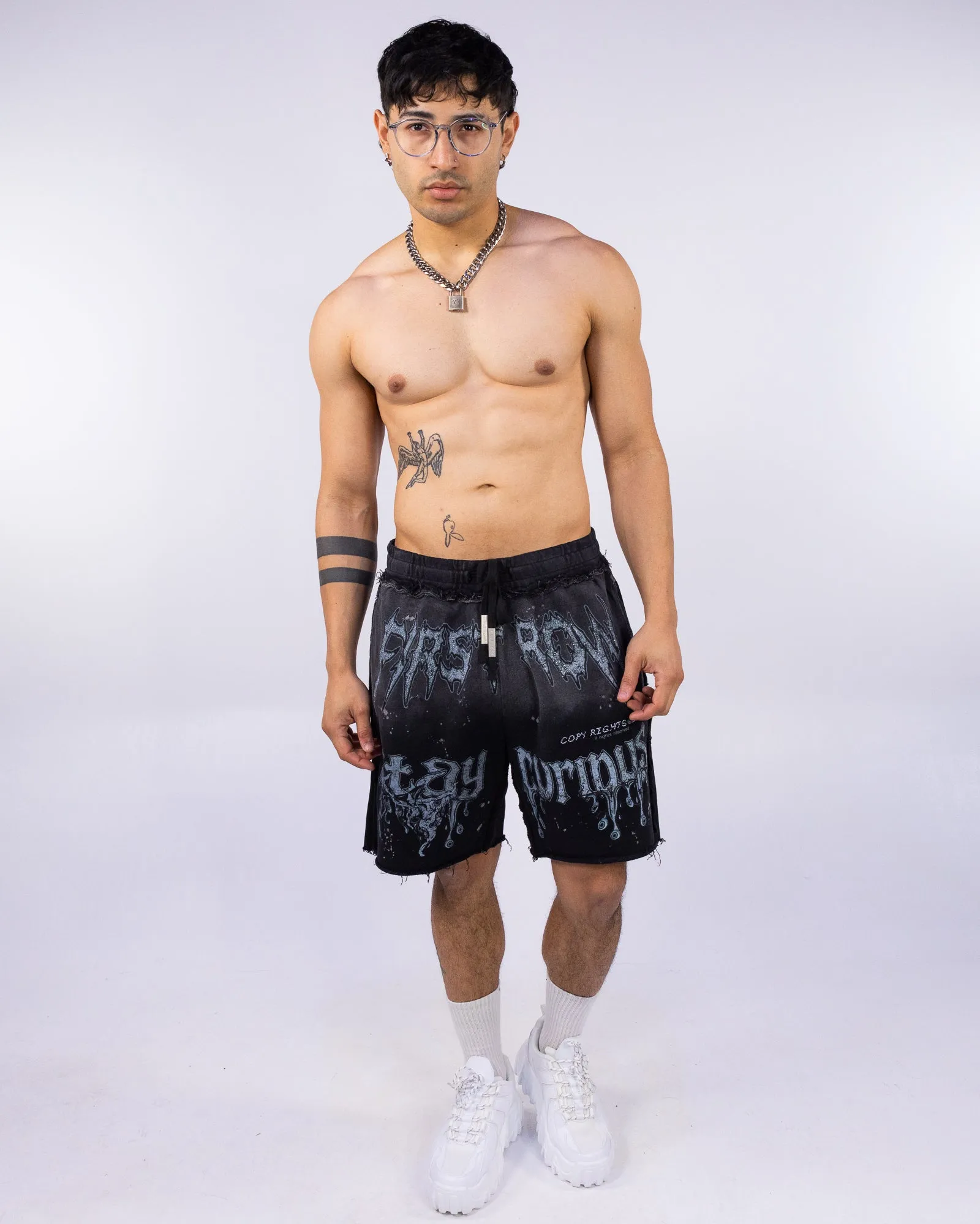 Stay Curious Graphic Black Washed Shorts
