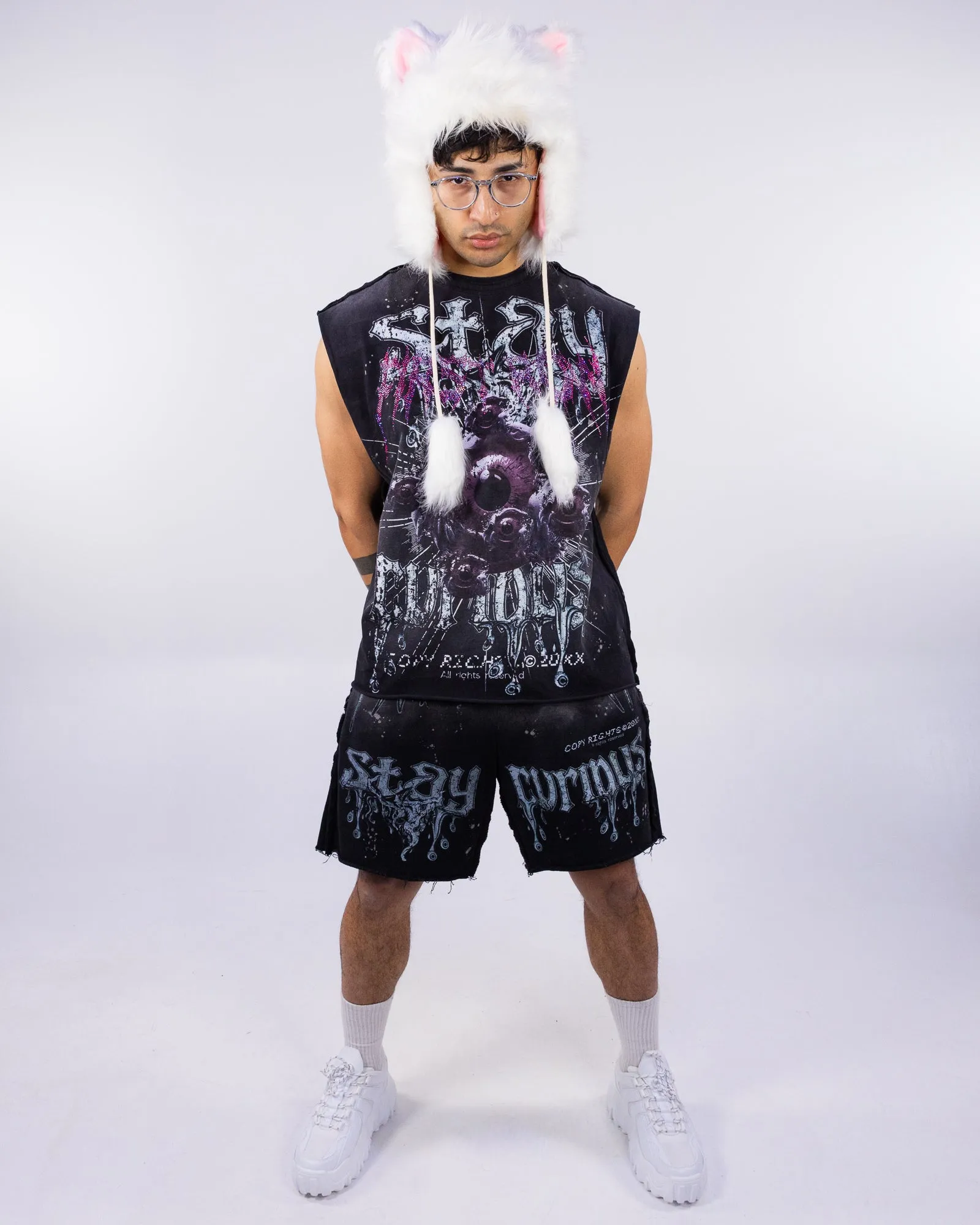Stay Curious Graphic Black Washed Shorts